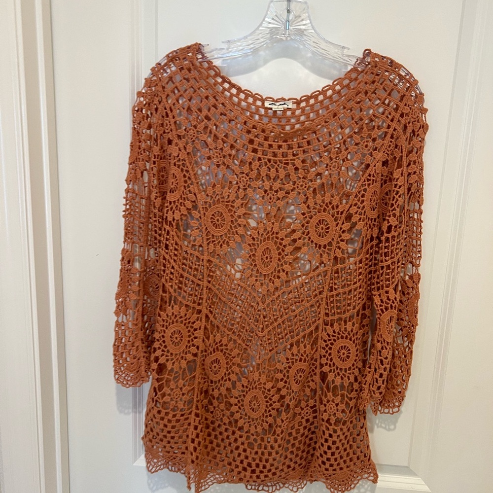 Ultra Pink Terracotta Crochet Knit Top Sz M Boho Grandma Cottage 70’s